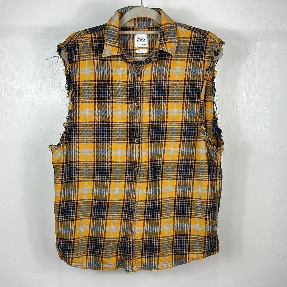 Zara Yellow And Blue Plaid Relaxed Fit Sleeveless Button Down Shirt Size S